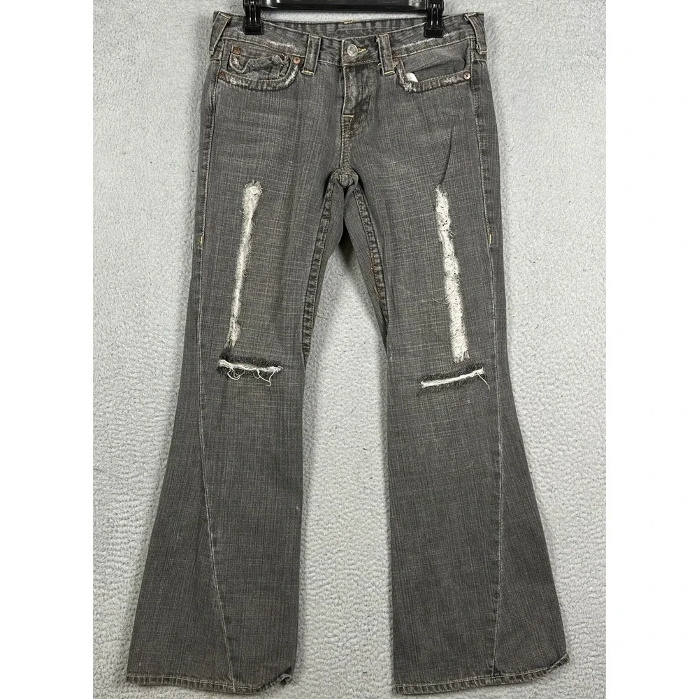 True Religion Joey Jeans Women 30 Grey Flare Ripped Distressed Denim Made In USA
